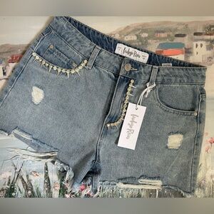 New Indigo Rein Lightwash Distressed Studded Crystal Denim Jean Shorts